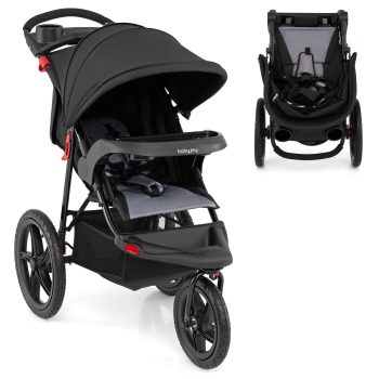 Babyjoy Jogging Stroller Foldable Jogger with Adjustable Canopy Detachable Tray Cup Holders