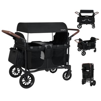 Costway Wagon Stroller, Foldable 4-Seater Push-Pull Toddler Stroller with Removable Canopy