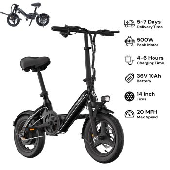 Bodywel Electric Bike for Adults, Electric Bicycle with 36V 10AH Battery, 14" Folding Ebike, 500W Motor, 20MPH Mini E Bike for City Commuter, UL2849