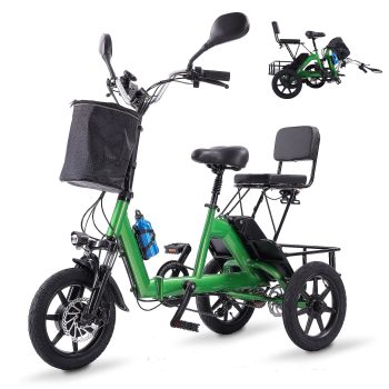 DRNANLIT 350W(Peak 500W) 48V Adults Foldable Electric Tricycle 3 wheel E-bike Folding Electric Trike with 2 Seats