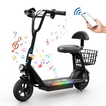 Pro Electric Scooter for Kids - Bluetooth Speaker Foldable Scooter with Seat & Carry Basket & LED Light Strip, 11MPH 132lbs Max Load E Mopeds