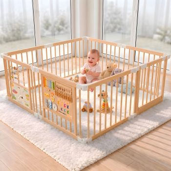 suihuooo Foldable Wooden Baby Playpen Playard, Wooden Foldable Baby Play Yard for Toddlers,Portable Foldable Playpen,55"x55"x24"