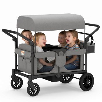 Guqiart 4-Seat Foldable Stroller Wagon with Canopy, Adjustable Handlebars & Safety Harness