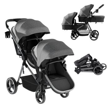 Guqiart Foldable Double Stroller with Adjustable Backrest, Convertible Twin Stroller, Double Infant Stroller for Newborn and Toddler