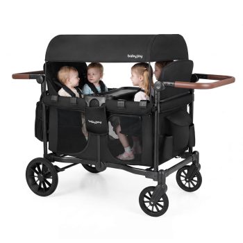 Infans Wagon Stroller, Foldable 4-Seater Push-Pull Toddler Stroller w/Removable Canopy