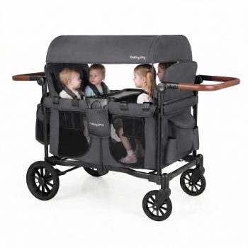 Infans Wagon Stroller, Foldable 4-Seater Push-Pull Toddler Stroller w/Removable Canopy