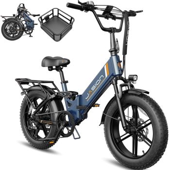 Jasion X-Hunter ST Electric Bike with Rear Basket, 750W Foldable Ebike with 48V 13AH Removable Battery, 20'' Fat Tire Electric Bicycles for Adults, Full Suspension, UL 2849