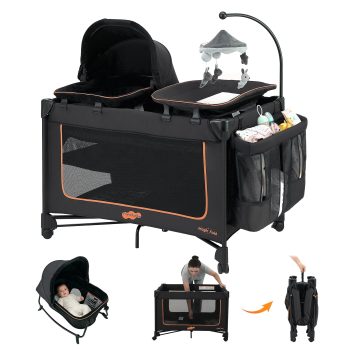 Pamo Babe Baby Playard Magic Fold 1 Step Bassinet & Changing Table for Newborn, 4-Panels (Black)