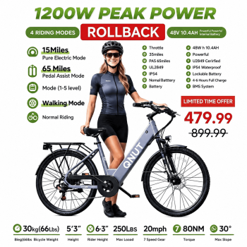QNUT Electric Bike, 26" 1200W Peak with 48V Battery 7 Speed 20MPH 65 Miles Ebike Step Through Commuter E bike for Adults