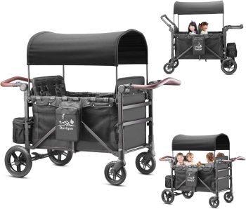 Rovique 4 Seater Wagon Stroller, All-Terrain Quad Stroller Wagon with Canopy & Snack Tray