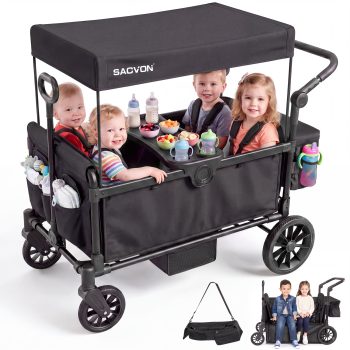 SACVON 4-Seater Stroller Wagon with Side Entry, Canopy & Snack Tray, Includes Detachable Storage Bag That Converts to a Backpack–