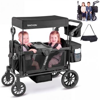 SACVON Wagon Stroller for 2 Toddlers, 4‑in‑1 Collapsible Stroller Wagon with Side Entry, 5‑Point Safety Harness, Adjustable Canopy, Snack Tray & Convertible Backpack Storage Bag