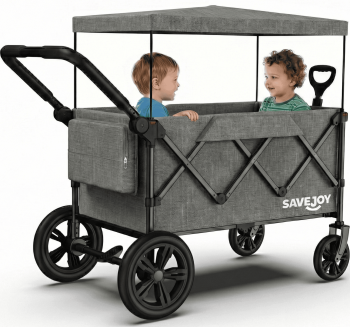 Wagon Stroller for Kids, SaveJoy 3-in-1 Collapsible Stroller Wagon for 2 Toddlers with Removable Canopy, 5-Point Harness, All-Terrain Wheels