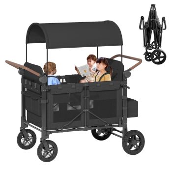 TABU Stroller Wagon for,4 Seater Stroller Wagon with Adjustable Handles,5-Point Harnesses,Black