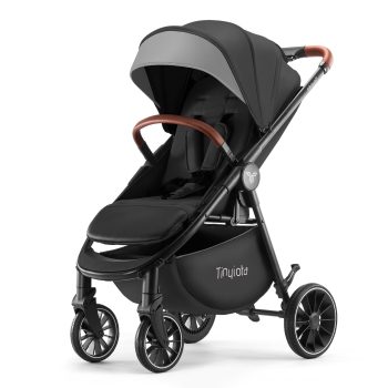 Luxury Foldable Baby Stroller for Toddler with UPF 50+ Canopy, Leather Handle, Black