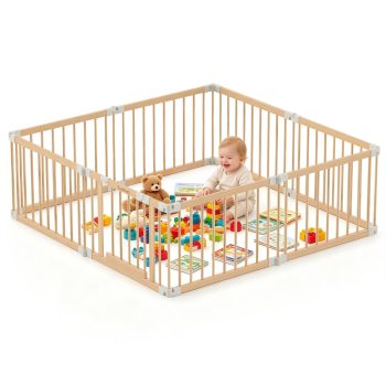 TouHeart Wooden Playpen for Baby & Toddlers, Foldable Large Baby Safe Play Fence Yards With Gate, 69"x69"x24"