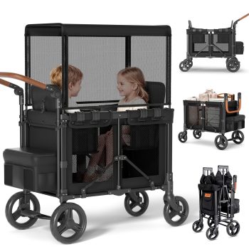 TouHeart Wagon Stroller for 2 Kids, 3-in-1 Foldable Stroller Wagon with Canopy, 5-Point Harness, 180° Adjustable Handle, Removable Seats