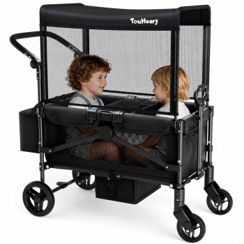 TouHeart 2 Seater Wagon Stroller with Canopy, Folding Stroller Wagon for Kids, 220 lbs Capacity