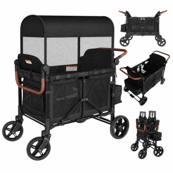 Touheart Wagon Stroller 4 Passenger with Adjustable Canopy, 5-Point Harnesses, Removable Seats, Black