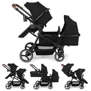 Vomeast Double Stroller for Infant and Toddlers, Foldable Twin Baby Strollers, Reversible Seat, 5-Point Harness, Adjustable Canopy & Reclining Seat