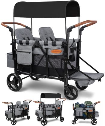 Vomeast Upgrade Wagon Stroller for 2 Kids, Outdoor Baby Stroller Wagon with Canopy, 5-Point Harness, Adjustable Handle()