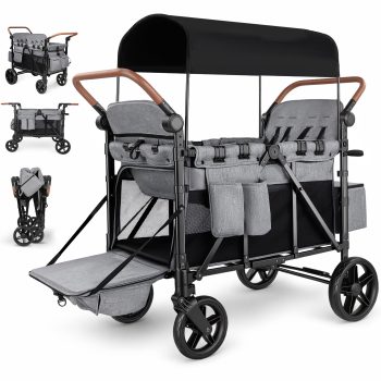 Vomeast 4-Seater Wagon Stroller, Outdoor Baby Stroller for 4 Kids, Stroller Wagon,Gray