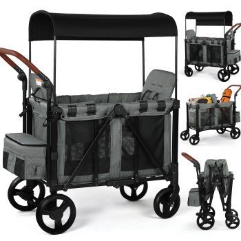 Vomeast Wagon Stroller for 2 Kids, 3-in-1 Outdoor Baby Stroller Wagon with Canopy, 5-Point Harness, Adjustable Handlebars, Removable Seat for Toddlers, Grey