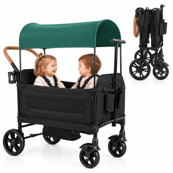 Vrhot 2-Seater Baby Wagon Stroller, Foldable, Push and Pull Handle, Removable Canopy, up to 110 lbs, Black and Green