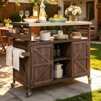Aukfa Solid Fir Wood Outdoor Kitchen Island with Stainless Steel Top, Rolling BBQ Grill Cart with Storage Cabinet