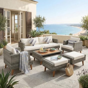 6-Piece All Weather PE Wicker Patio Sofa Set, Outdoor Rattan Seating with Double Cushions, Wood Table Top & Legs, Beige & Gray