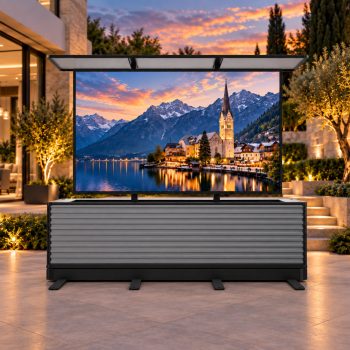 Intellicube 85" Dual Motion Outdoor TV Lift Cabinet, Motorized Split Design TV Stand with Eye-Level Viewing, Hidden TV Storage, Metallic Gray