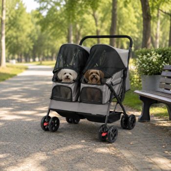 Foldable Double Pet Stroller for Dogs and Cats with Adjustable Canopy, Safety Leash and Storage Baskets, Gray