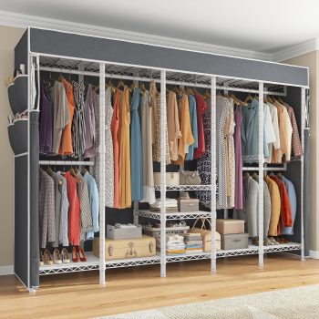 Clothes Rack with Cover, Freestanding Closet Wardrobe for Hanging Clothes, Clothes Storage Organizer with Wire Shelves