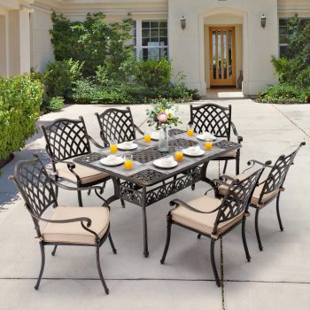 7 Piece Retro Outdoor Dining Set, Cast Aluminum Patio Set Includes 59” Rectangular Table, 6 Chairs with Thicker Cushions, and Umbrella Hole for Patio, Deck, Garden