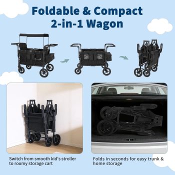 Studyset Wagon Stroller 4 Seater, Premium Quad Stroller Wagon with 4 Convertible Seats, Adjustable Push/Pull Handles, 5-Point Harness Belt, Snack Tray, Foldable All-Terrain Wagon for Kids with Canopy