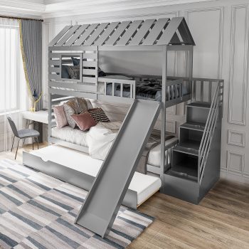 EUROCO Twin over Twin House Bunk Bed with Trundle and Staircase for Bedroom