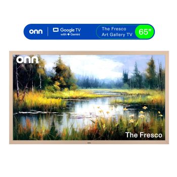 onn 65 in The Fresco Art Gallery 4K UHD Google TV with Gemini, Golden Brown Frame and Mounting Kit