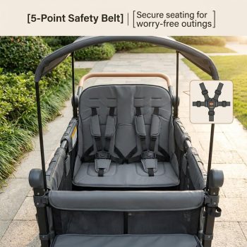 Collapsible Wagon with Canopy, 4 Seater Wagon Stroller for Kids, Sturdy Push Wagon with Iron Frame, Adjustable Handle, Foot Brake & Soft Cushioned Seats for Grocery Shopping and Camping