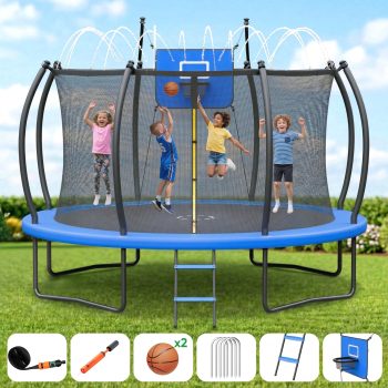 Outdoor Trampoline,Fashionsport Outfitters 8FT/12FT/14FT/16FT Round Jumping Trampoline with Ladder,Sprinkler,Basketball Hoop Board,Recreational Backyard Trampolines Anti-Rust for Kids Gift