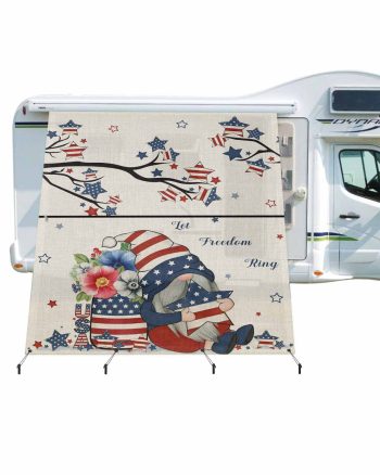 4th of July RV Awning Sun Shade Screen 9'X7' Patriotic Gnome Stars Branch Mesh Sunscreen Poppy Eucalyptus Leaves Linen Awning Shade Screen with Zipper Completed Kits for RV Motorhome Camper