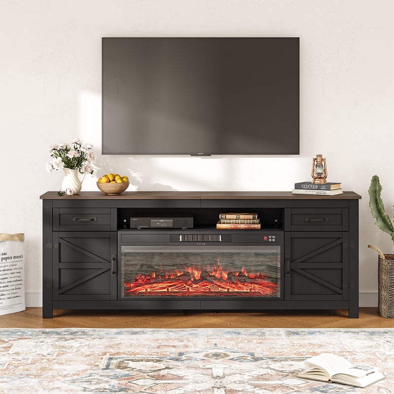 LazySunsets Electric Fireplace TV Stand for TVs Up to 80 Inches,Farmhouse Media Console with 36" Color Changing Fireplace Insert,Barn Doors, Drawers & Adjustable Storage Shelves