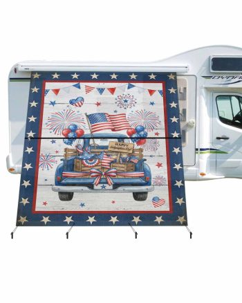 4th of July RV Awning Sun Shade Screen 9'X7' American Flag Blue Truck Mesh Sunscreen Patriotic Star Balloon Fireworks Wood Awning Shade Screen with Zipper Completed Kits for RV Motorhome Camper
