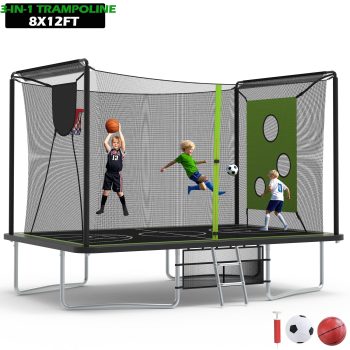 8x12FT Outdoor Trampoline for Kids, 3-IN-1 Rectangle Trampoline with Basketball Hoop, Soccer Target, Adults Trampoline Max Weight 2200LBS, Shoe Bag, Basketball, Soccer