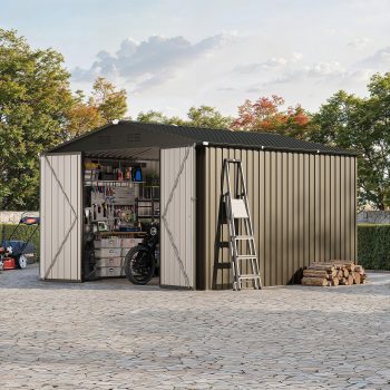10x10 FT Outdoor Storage Shed, Large Metal Garden Shed with Peak Roof & Lockable Door – 540 Cu Ft All-Weather Galvanized Steel Tool Shed for Backyard, Patio, Lawn
