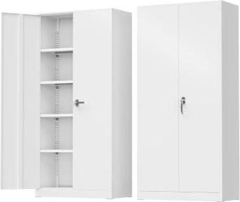 SOLAURA 72 inches Tall Metal Garage Storage Cabinets, Lockable Steel Storage Cabinet with Doors and Adjustable Shelves for Office, Home, Shops, Garage, Assembly Required, White