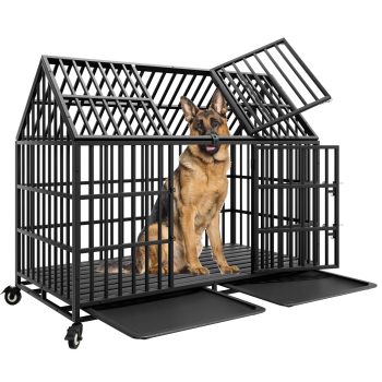 Ufyerutg 54'' Indestructible Heavy Duty Dog Crate with 2 Bowls, Escape Proof Strong Steel Pet Cage for Large Giant Dogs, High Anxiety Sound Proof Chewproof Kennel Double Door with Trays and Wheels