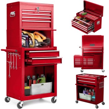 Aukfa Tool Box, 3 in 1 Steel Rolling Tool Chest w/ 6-Drawers & 2 Cabinet for Garage Workshop