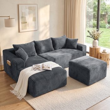 Garaneeds 95" U-Shaped Modular Sectional Sofa, Boneless Couch for Living Room, Extra Deep Seats with & Ottoman, Corduroy Fabric, No Assembly Required, Grey
