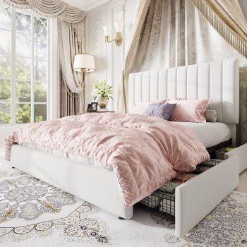 Amolife Bed Frame, Platform Bed with Adjustable Velvet-Wrapped Headboard and 4 Storage Drawers, No Box Spring Required
