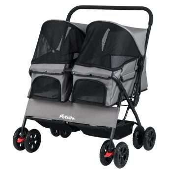 GVN Foldable Double Pet Stroller with Adjustable Sunshade and Storage Basket, Dog Cat Stroller for Pets, Cat, Dog